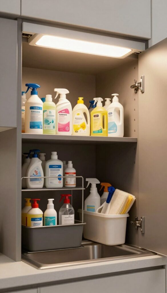 Illuminated cleaning cupboard with LED light and organized supplies
