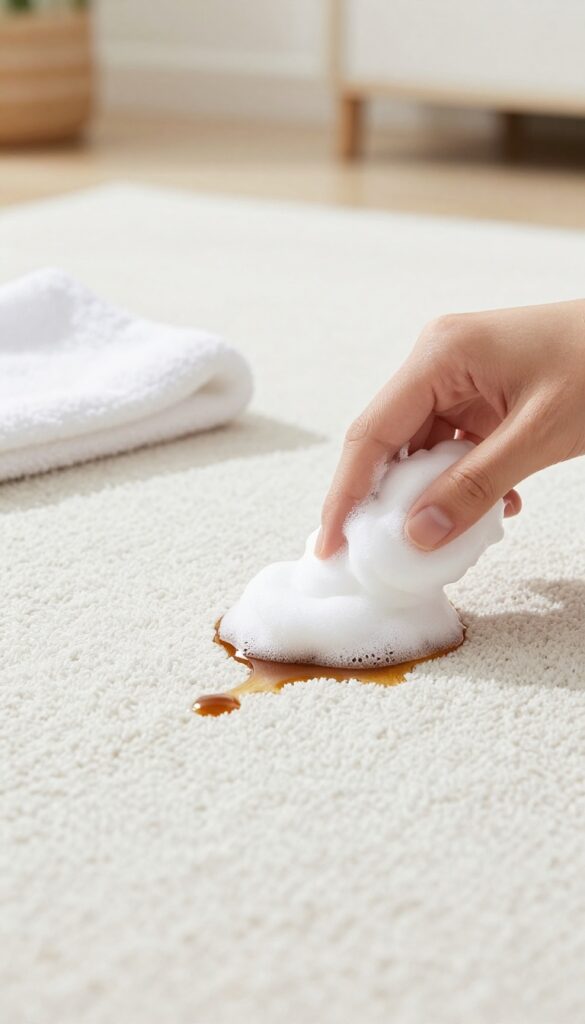 Applying shaving cream foam to a coffee stain on a light carpet