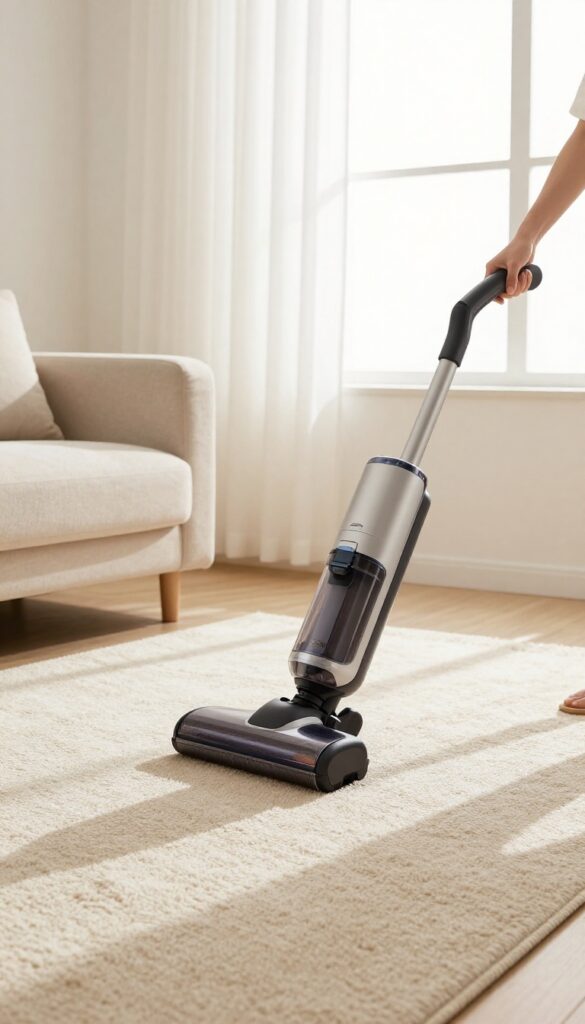 Person vacuuming a beige carpet slowly in overlapping passes in a bright living room