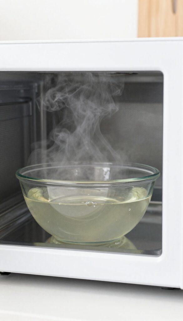 Microwave interior with a bowl of vinegar and water steaming, cleaning process