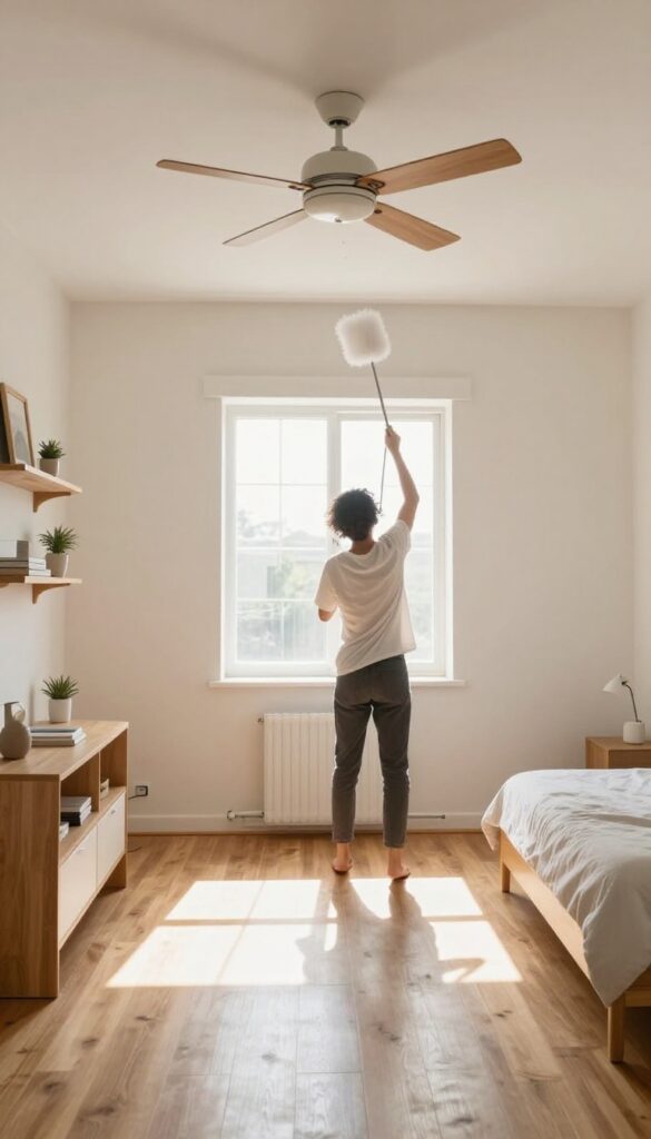 Person dusting ceiling fan with extendable duster in bright bedroom