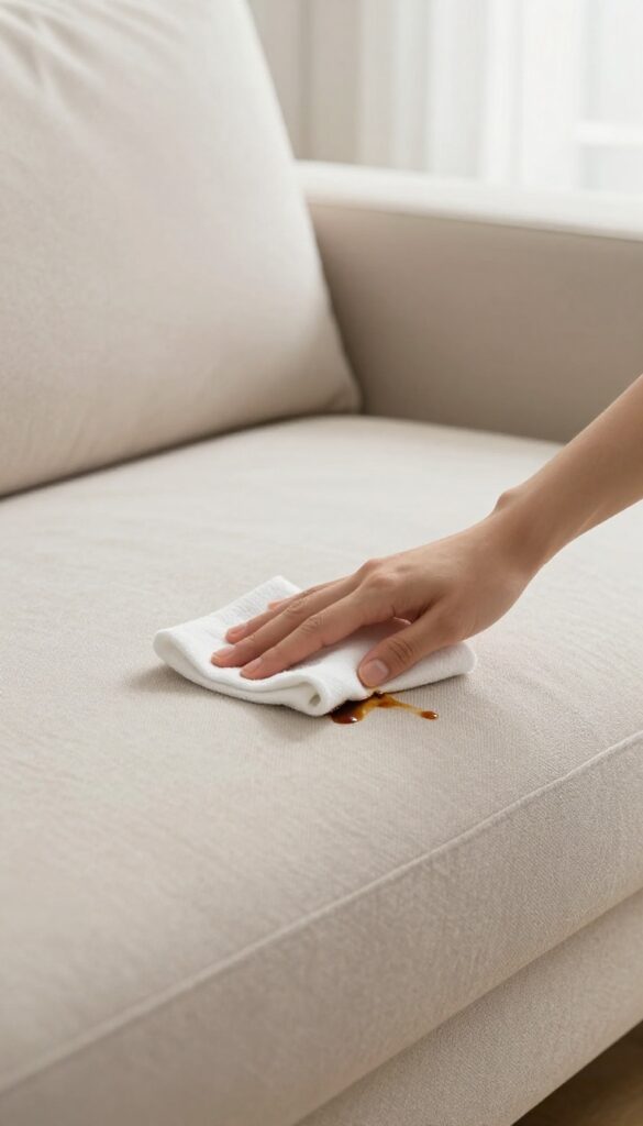 Blotting a coffee spill on a beige sofa with a white cloth.