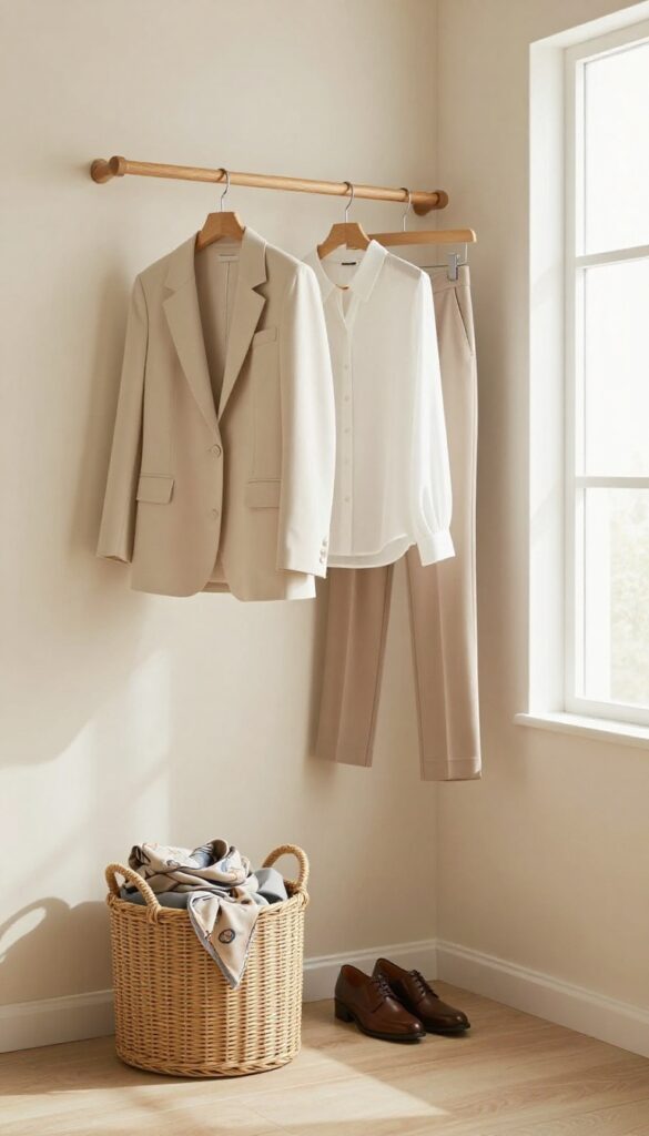A minimalist closet with a valet rod holding a planned outfit and accessories, showcasing organization and decluttering.