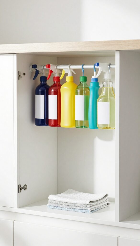 A tension rod installed horizontally in a cupboard with spray bottles hanging by their triggers, creating neat and accessible storage.