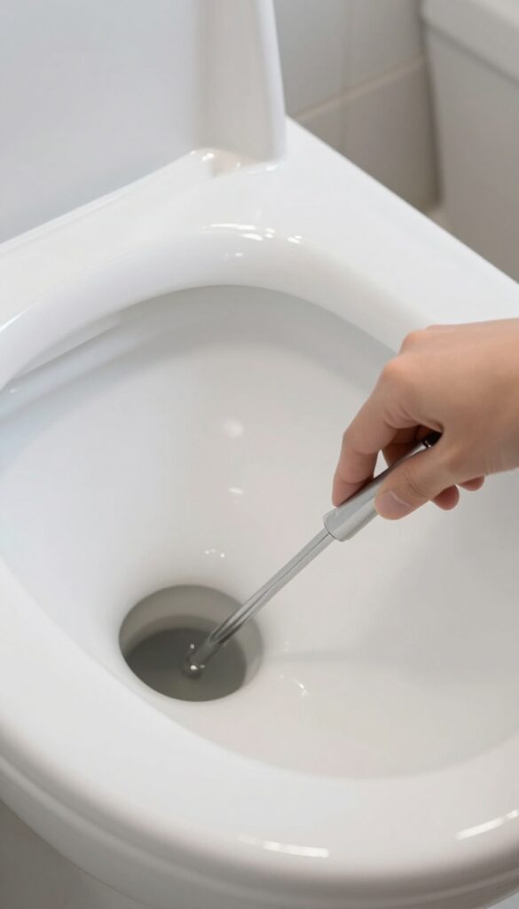 Spotless toilet bowl after professional descaling, with technician's gloved hand and tool nearby.