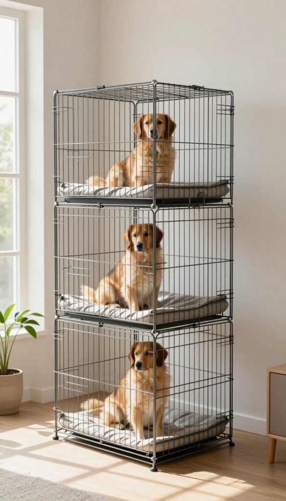Stackable wire dog crates in a bright living room, three levels high, with a dog in the top crate.