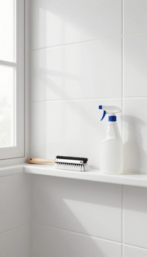 Monthly deep clean of shower tiles with brush and spray bottle in bright natural light