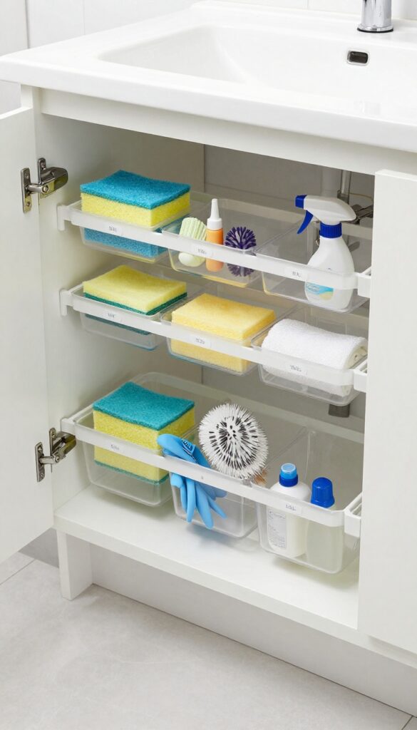 Under-sink storage audit with organized bins and tension rod