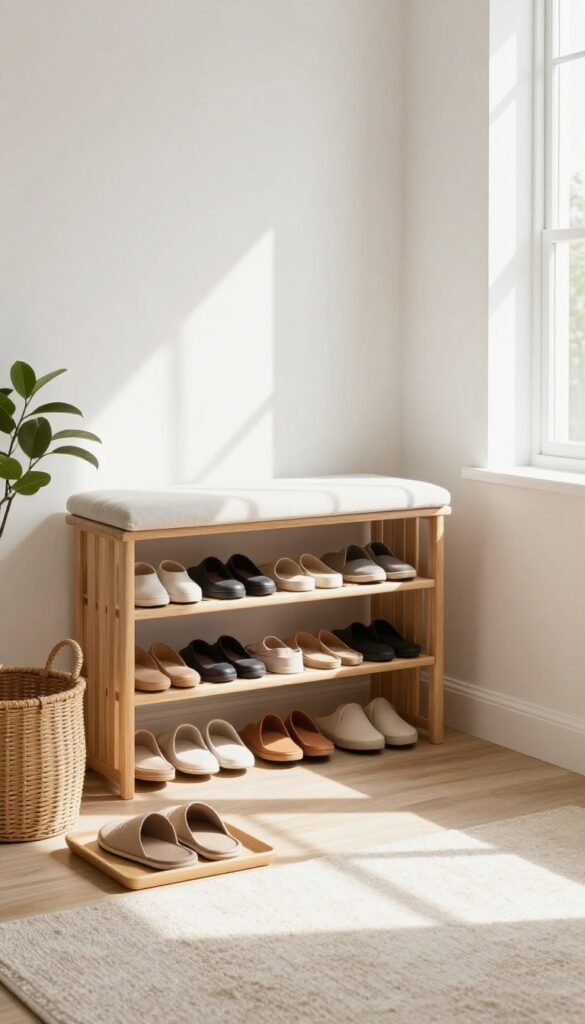 A welcoming entryway with a shoe rack, bench, and basket, emphasizing a no-shoes policy for cleaner floors.