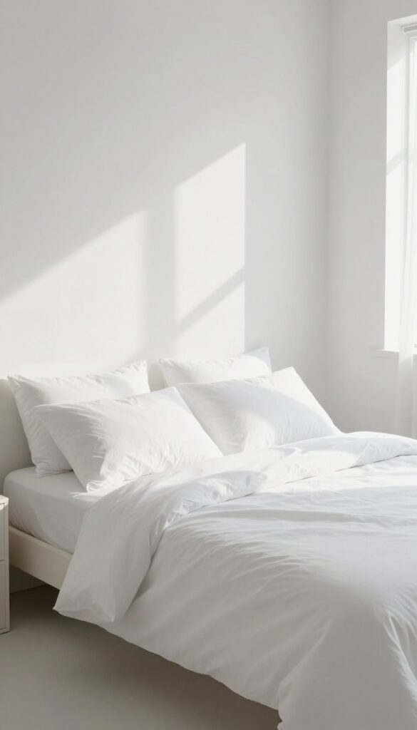 Freshly made bed with white linens in a bright, clean bedroom