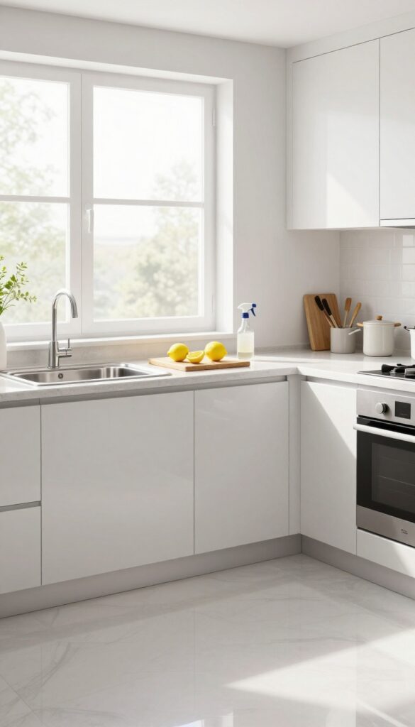 Clean kitchen with sparkling sink, clear counters, and freshly mopped floor in natural light