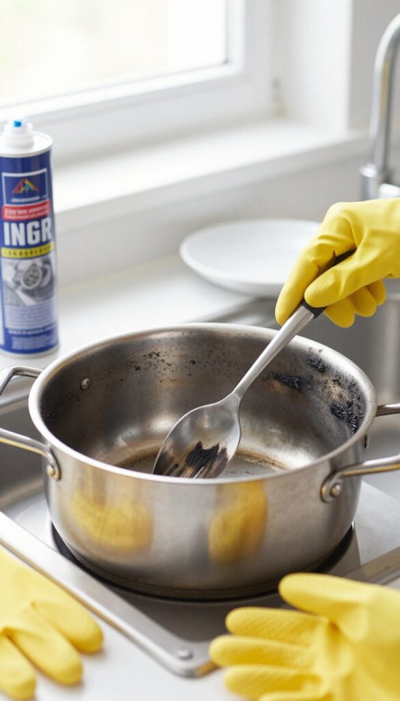 A burnt pot with heavy char marks next to a can of oven cleaner and rubber gloves in a bright kitchen.