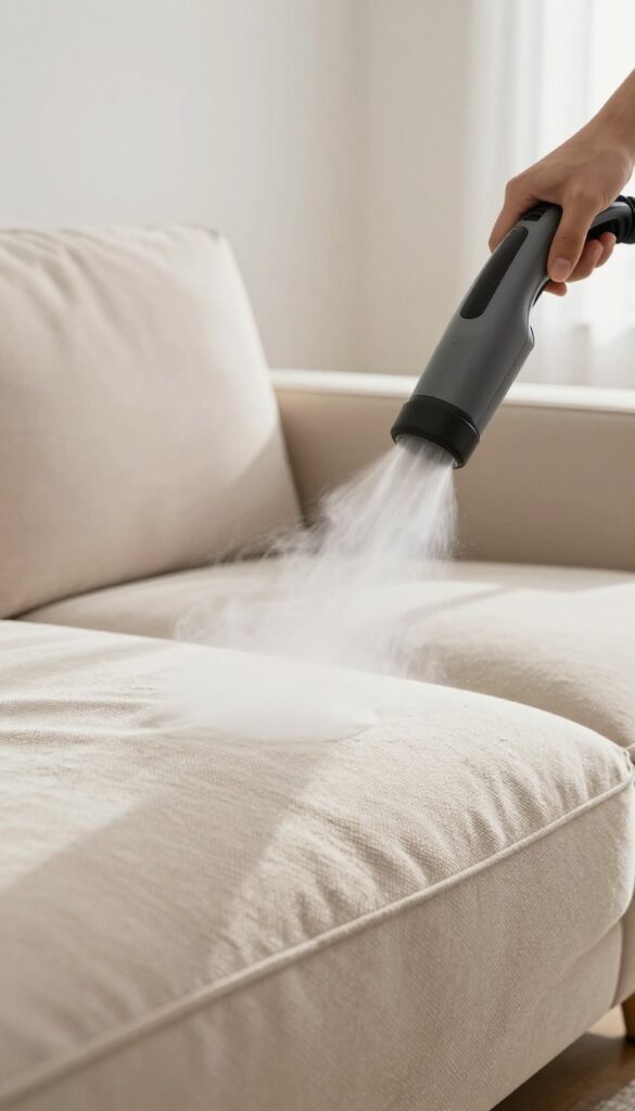 Professional upholstery cleaner steaming a microfiber couch in a bright living room
