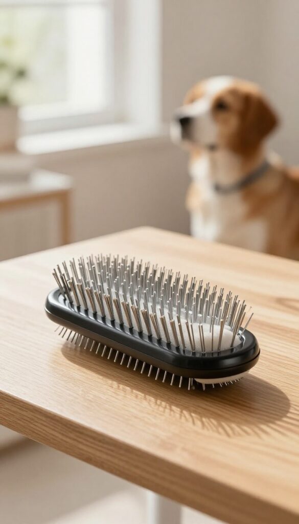 Slicker brush with cushioned pad on wooden surface in bright natural light