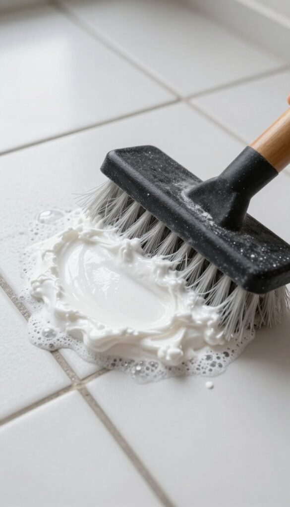 Cleaning grout lines with hydrogen peroxide and baking soda paste on a white tile floor