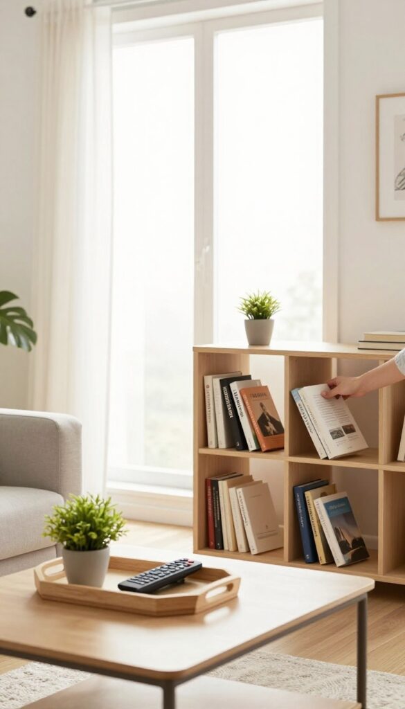 Person putting a book away on a tidy bookshelf in a bright living room