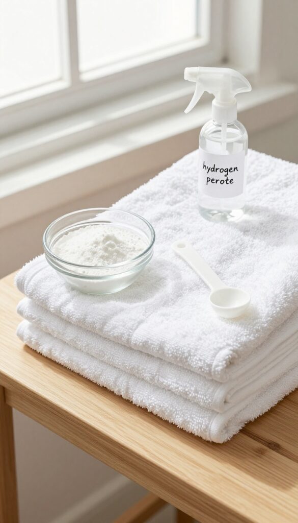 White towels stacked on a wooden table with oxygen bleach and hydrogen peroxide cleaning supplies