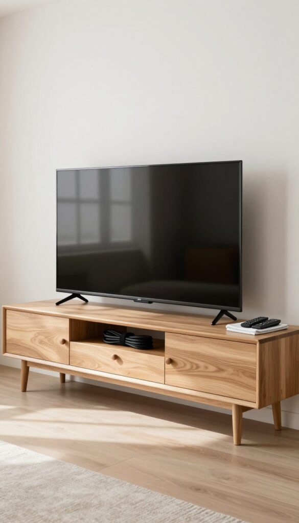 Clean entertainment center with organized cables and remotes on a tray