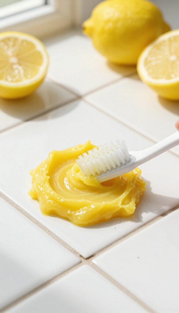 DIY grout cleaner paste made with lemon and borax, applied with a toothbrush on dirty grout lines