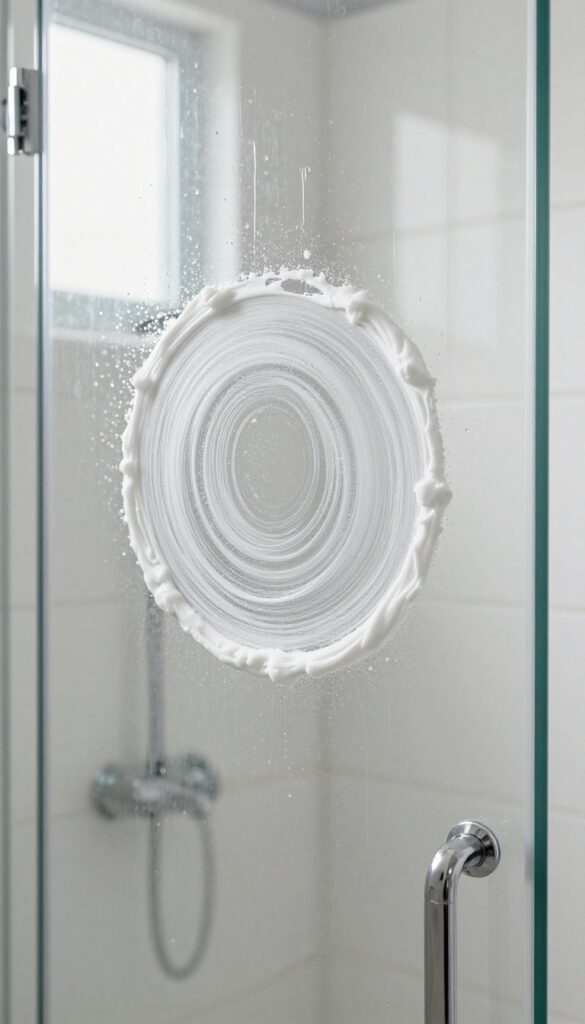 Baking soda paste on glass shower door for cleaning tough spots