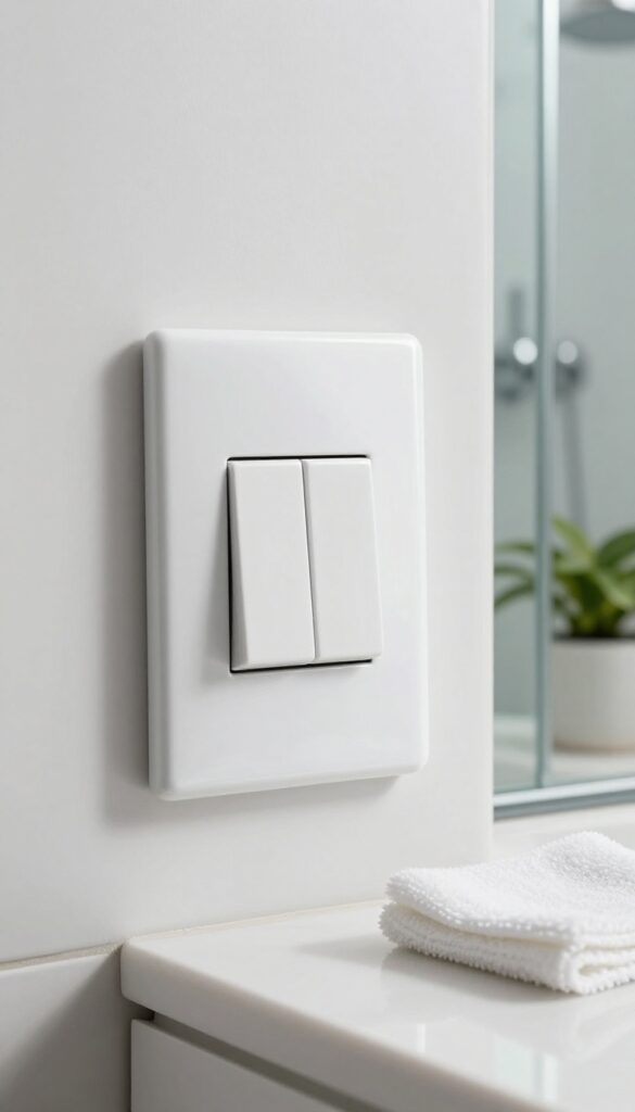 Close-up of a clean light switch plate in a bright bathroom with a microfiber cloth nearby