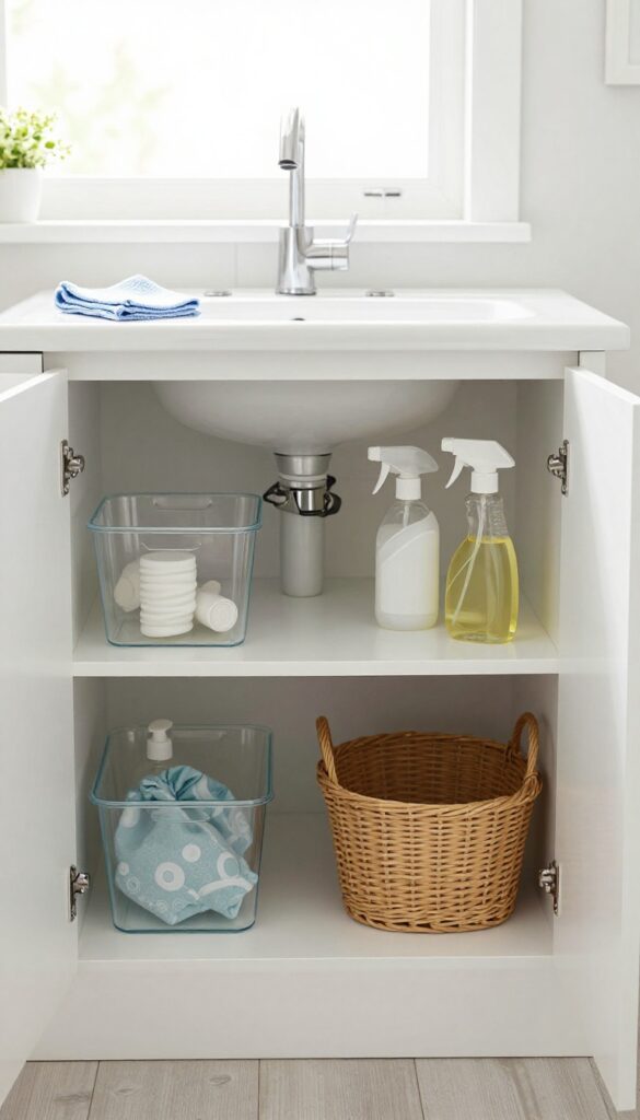 Open bathroom cabinet under sink, clean and organized with bins and baskets, bright natural light.