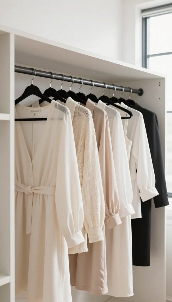 A neatly organized closet with uniform black velvet hangers and clothes arranged evenly