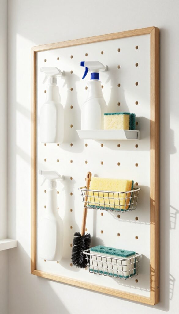 A pegboard in a cleaning supply closet with hooks, baskets, and shelves holding spray bottles, sponges, and cleaning tools, organized by frequency of use.