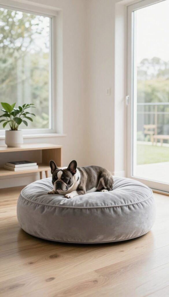 Modern living room with a gray velvet pouf dog bed, a sleeping French Bulldog, and minimalist decor