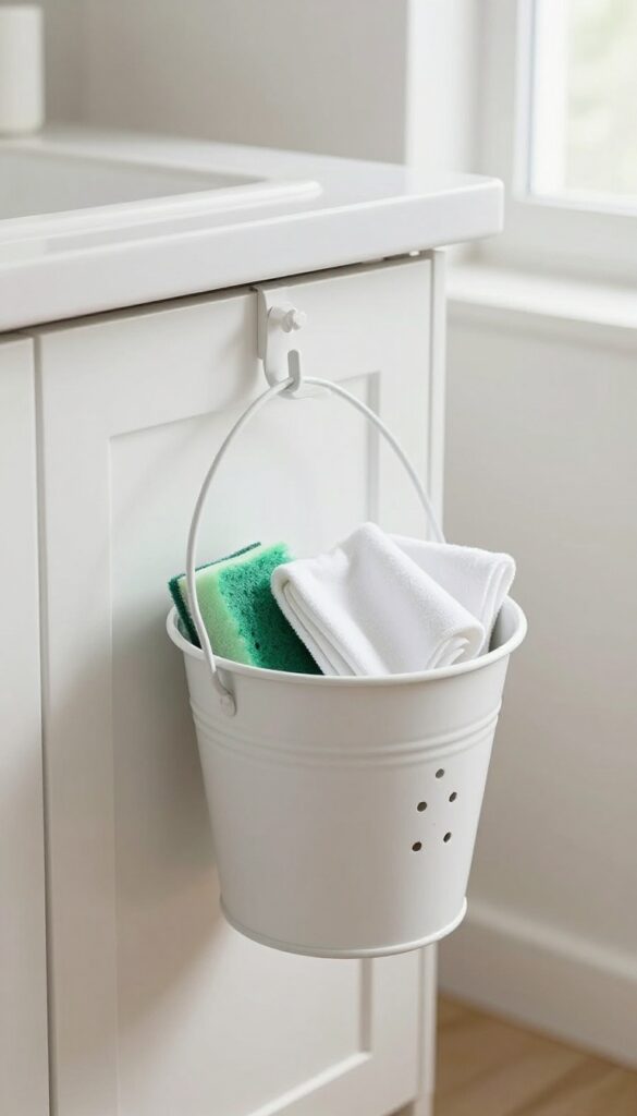 Hanging bucket with rags and sponge near kitchen sink