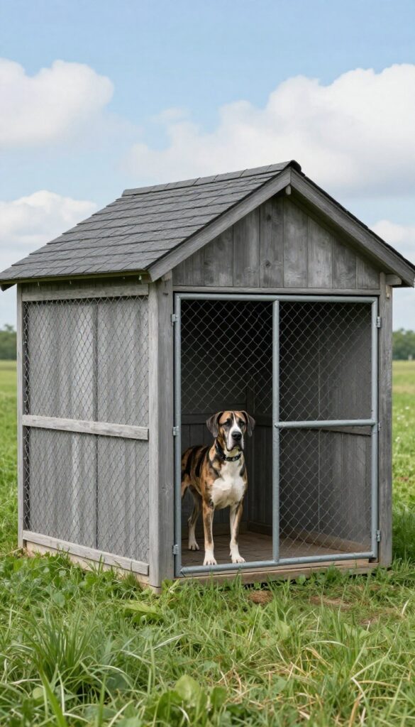 Large dog kennel with covered run for a Great Dane, DIY backyard build, photorealistic