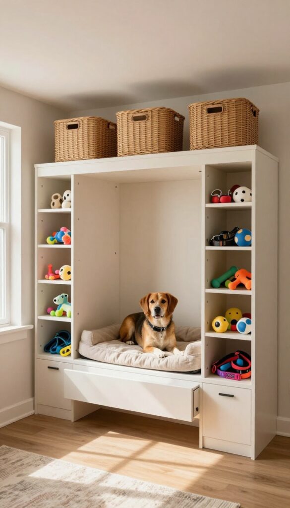 Dog kennel with integrated storage shelves, cubbies, and a storage bench in a finished basement