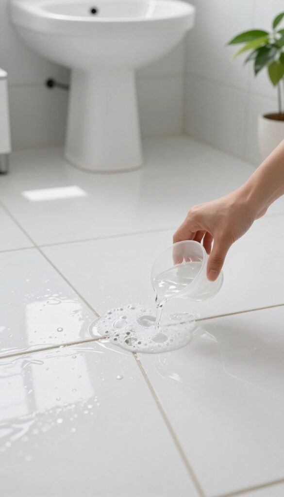 Pouring oxygen bleach solution onto tile grout, bubbles forming, bathroom floor