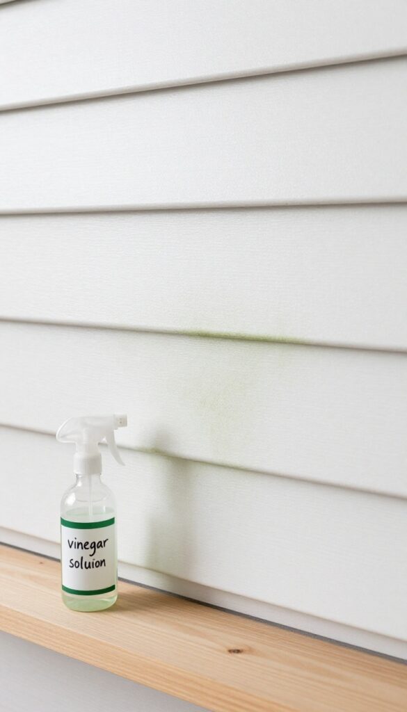 Spray bottle of vinegar solution on a wooden ledge near vinyl siding with mildew patches, garden hose in background