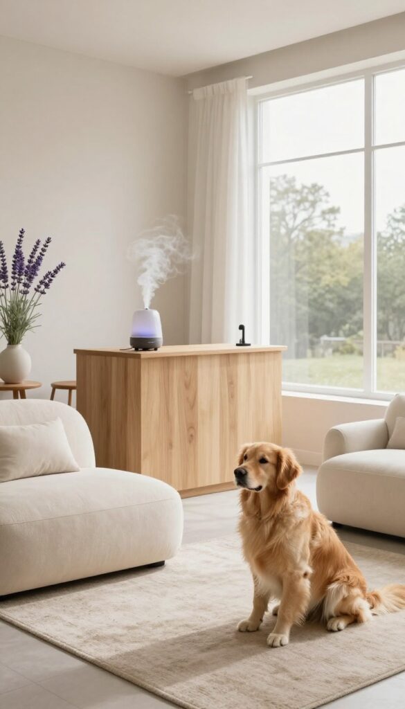 Dog grooming shop with signature lavender scent diffuser and relaxed golden retriever in waiting area