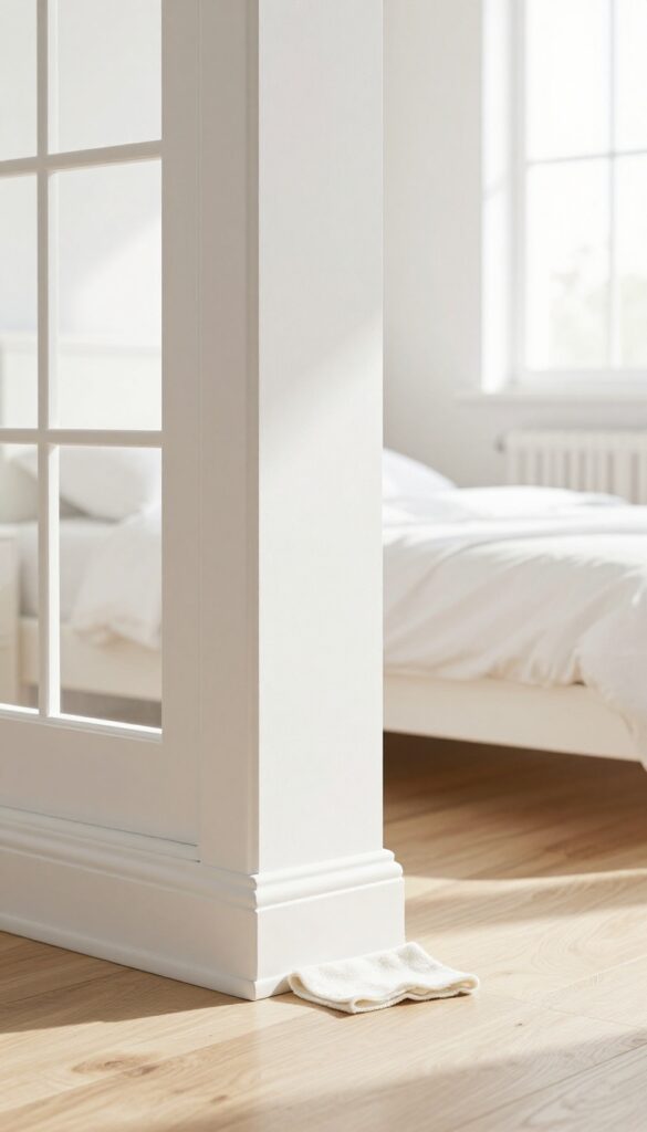 Clean bedroom baseboard and window sill with a microfiber cloth, bright natural light, fresh and tidy room.