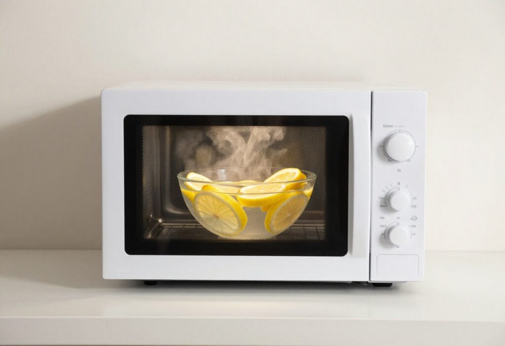 Clean microwave with a bowl of lemon water steaming inside