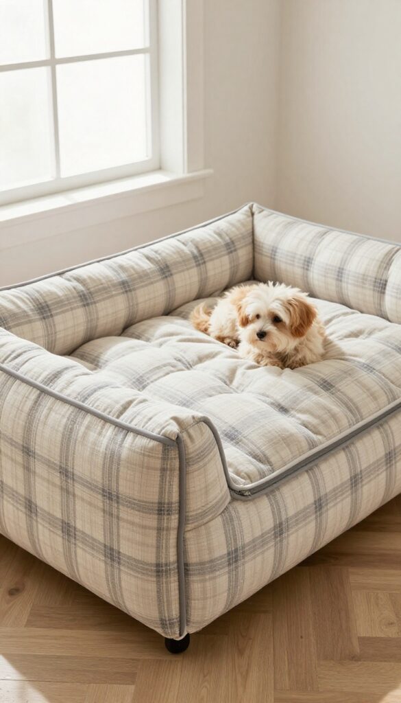 Quilted crib mattress dog bed with removable washable top cover, plaid fabric, zipper detail, and a fluffy dog resting on it in natural light.