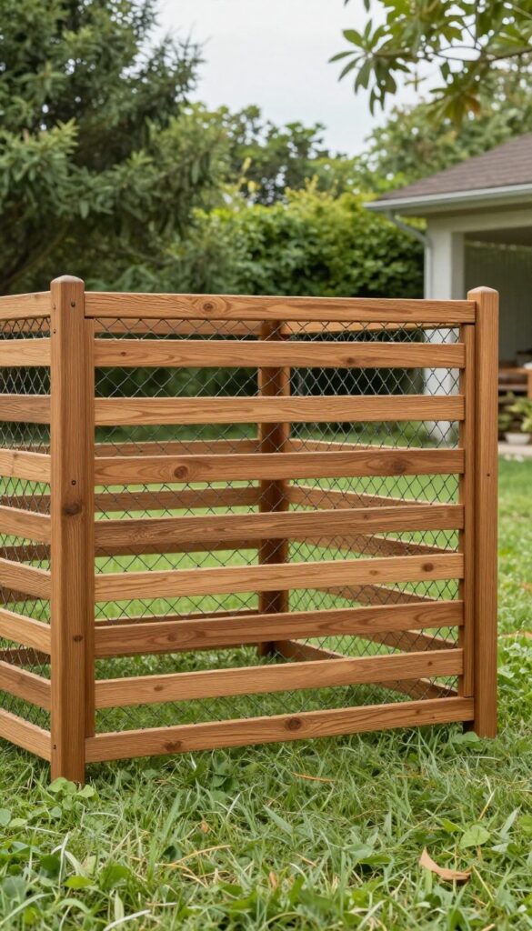 Chain link dog kennel with wooden slats for privacy and warmth in a backyard setting