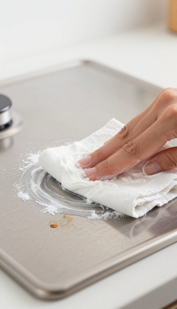 Cleaning stainless steel stove top with baking soda paste and microfiber cloth