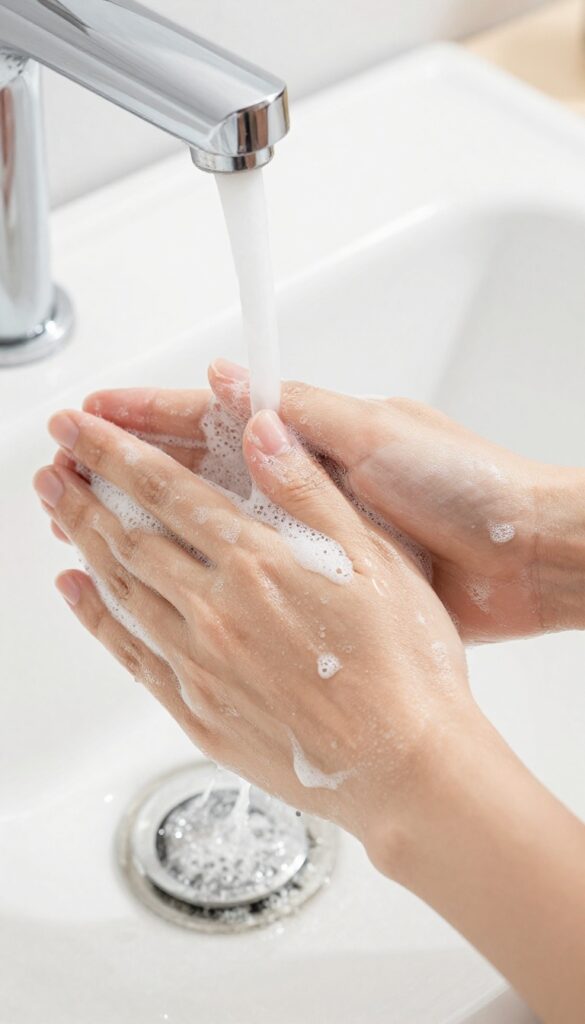 Close-up of hands washing thumbs and wrists with soap under running water