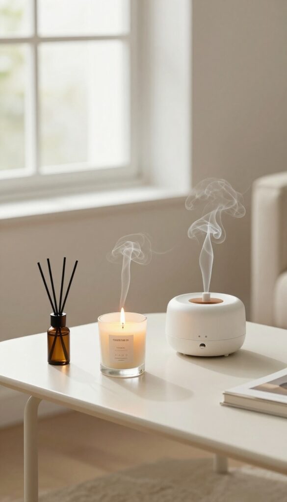 A lit candle and essential oil diffuser on a coffee table in a bright, clean living room, creating a fresh and energizing atmosphere for cleaning motivation.