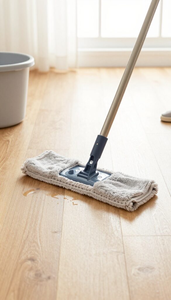 Damp microfiber mop cleaning hardwood floor with natural light