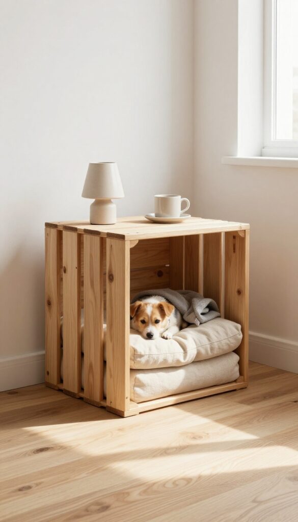 Scandinavian-style wooden crate dog bed with removable cushion in a bright modern living room