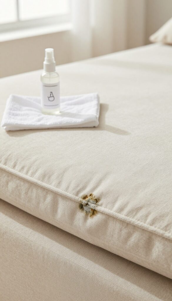 Close-up of a fabric couch cushion with mold spots, a spray bottle, and a cloth in bright natural light.