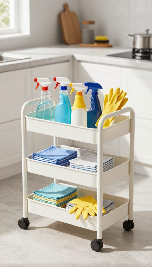 Cleaning caddy with supplies on kitchen counter