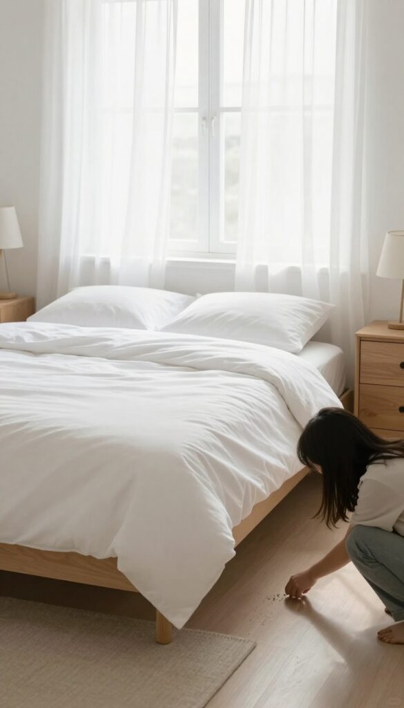Person doing a final walk-through of a clean bedroom, checking corners and floor for overlooked dust or items.