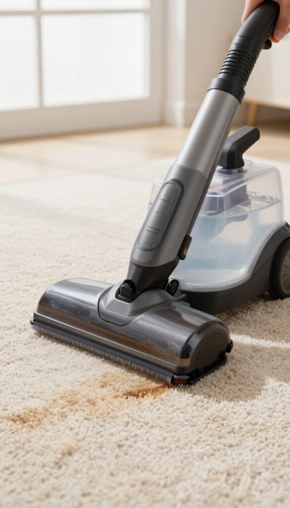 Professional spot cleaner removing a stubborn stain from a beige carpet