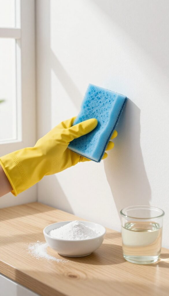 Hand in yellow glove cleaning a white wall with a sponge, borax powder and water nearby.