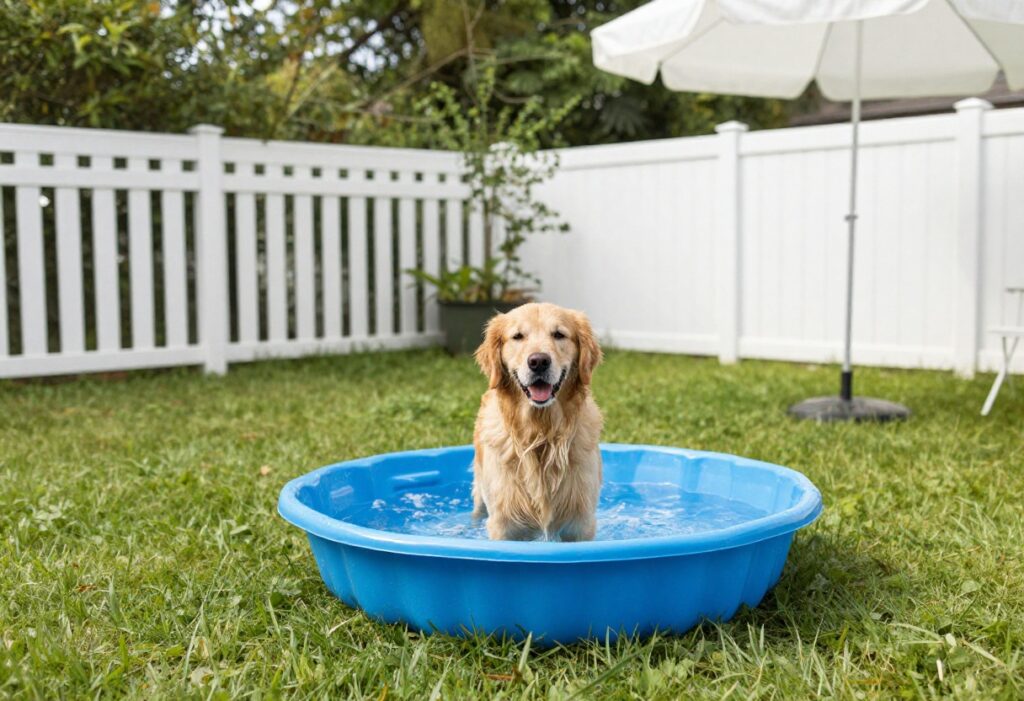 Golden retriever splashing in a kiddie pool in a sunny backyard with umbrella shade